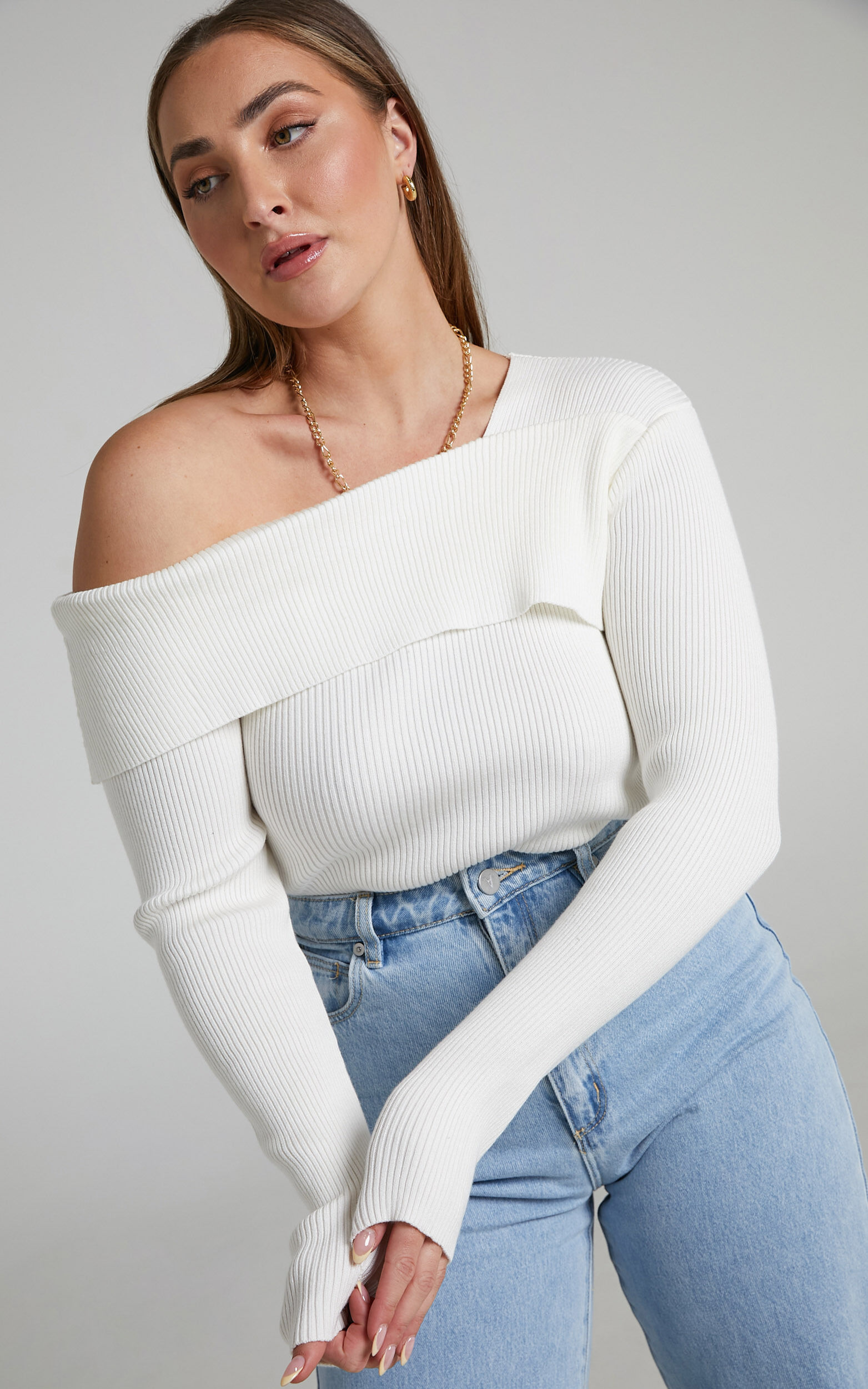 Jemima Off One Shoulder Long Sleeve Top in White Showpo USA