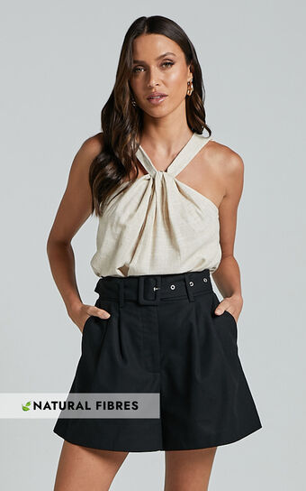 Charline Shorts - Linen Look High Waisted Tailored Front Pleated Belted Shorts in Black