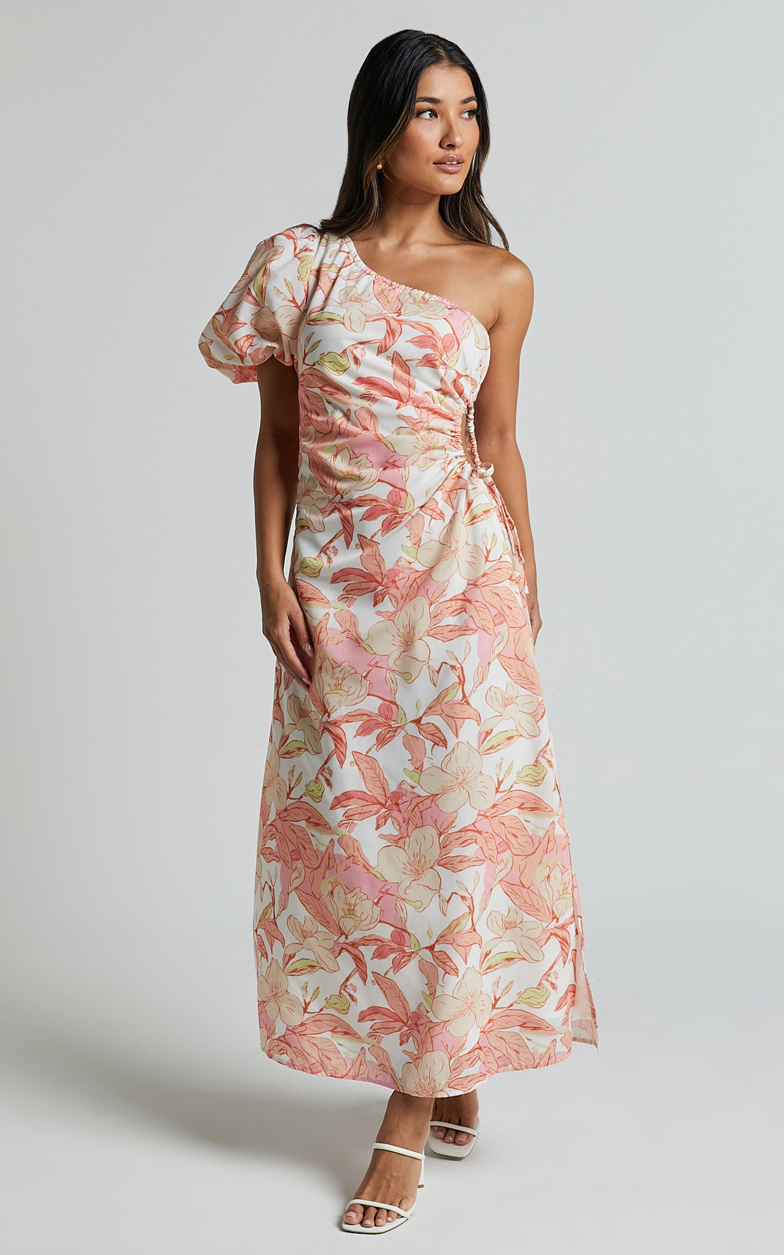 Amisha Midi Dress - One Shoulder Puff Sleeve Side Cut Out Dress in Floral  Print