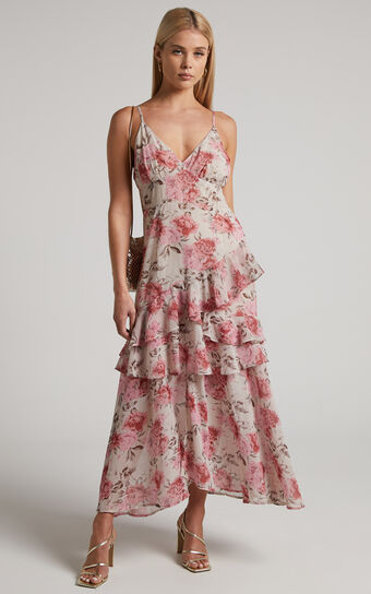 Caliope Maxi Dress - V Neck Tiered Ruffle Dress in Pink Floral