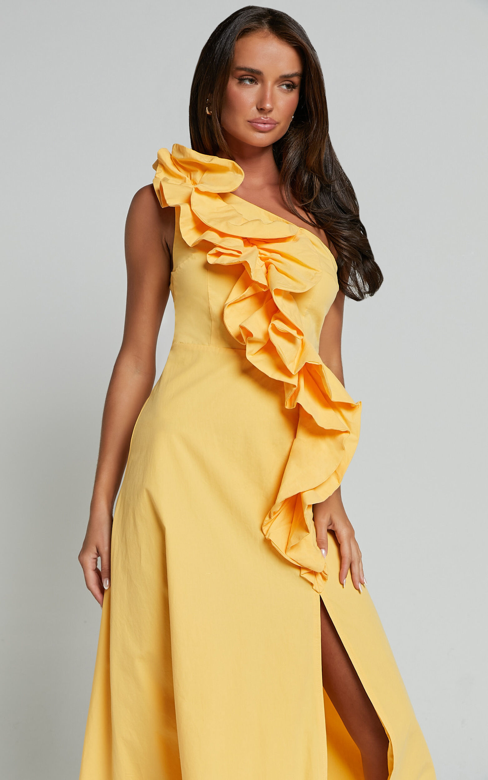 Rita Midi Dress - One Shoulder Ruffle Detail Dress in Yellow | Showpo USA