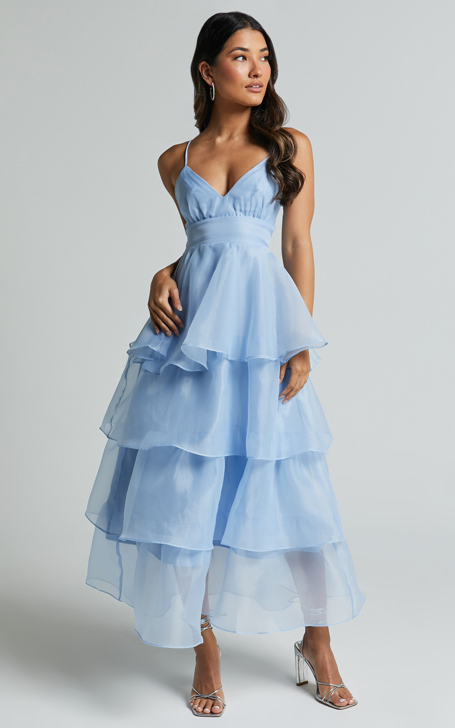 Cindy Midi Dress Layered Skirt Dress in Pale Blue Showpo