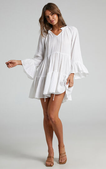 Abrera Mini Dress - V Neck Long Sleeve Tiered Dress in White