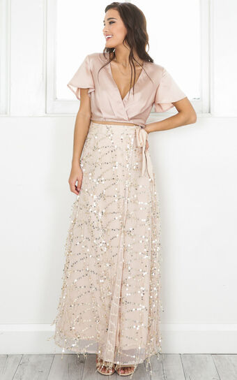 Break A Leg Wrap Thigh Split Maxi Skirt in Gold Sequin