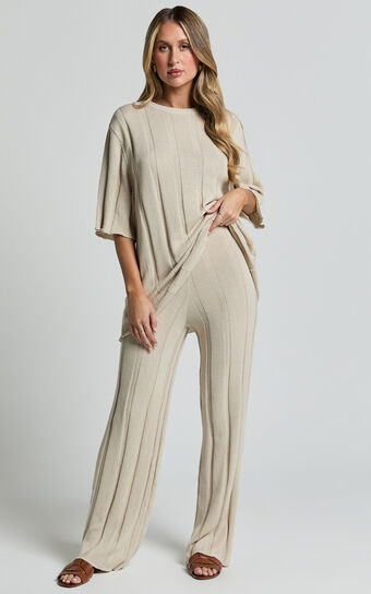 Alda Pants - Relaxed Flare Leg Knit Pants in Cream