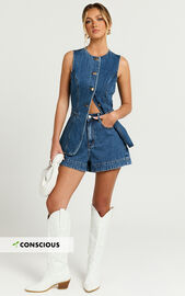 Rhianna Shorts - Mid Waist Recycled Denim Shorts in Dark Blue Wash ...