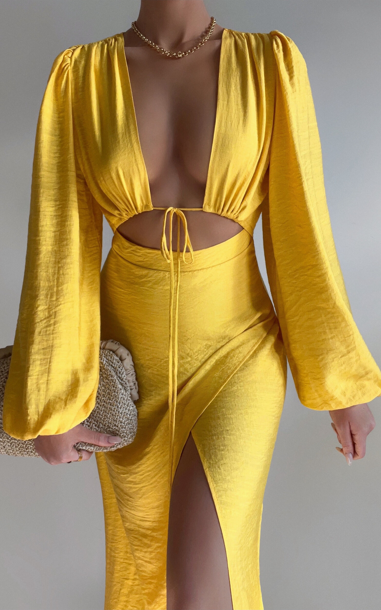 Demieh Midi Dress - Front Cut Out Long Sleeve Dress in Bright Yellow - 04, YEL1