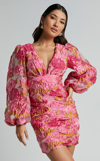 Farrah Mini Dress - Plunge Neck Long Sleeve Bodycon Dress in Pink