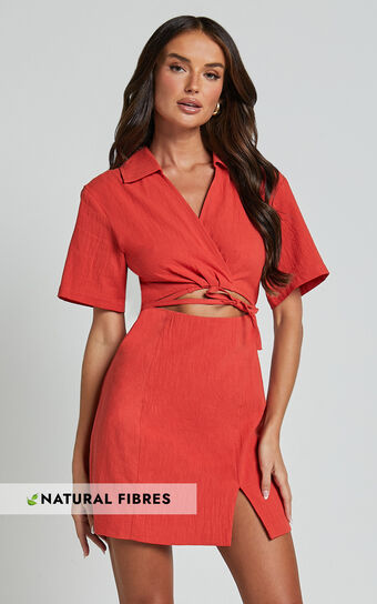 Marsha Mini Dress - Cut Out Short Sleeve Dress in Burnt Orange