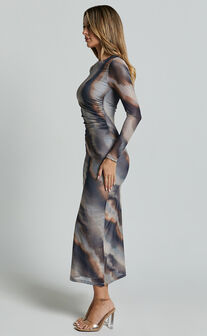 Zyra Midi Dress - High Neck Long Sleeve Mesh Dress in Tie Dye Print