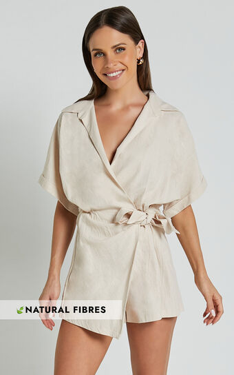Denise Playsuit - Short Sleeve Wrap Skort Playsuit in Biscuit