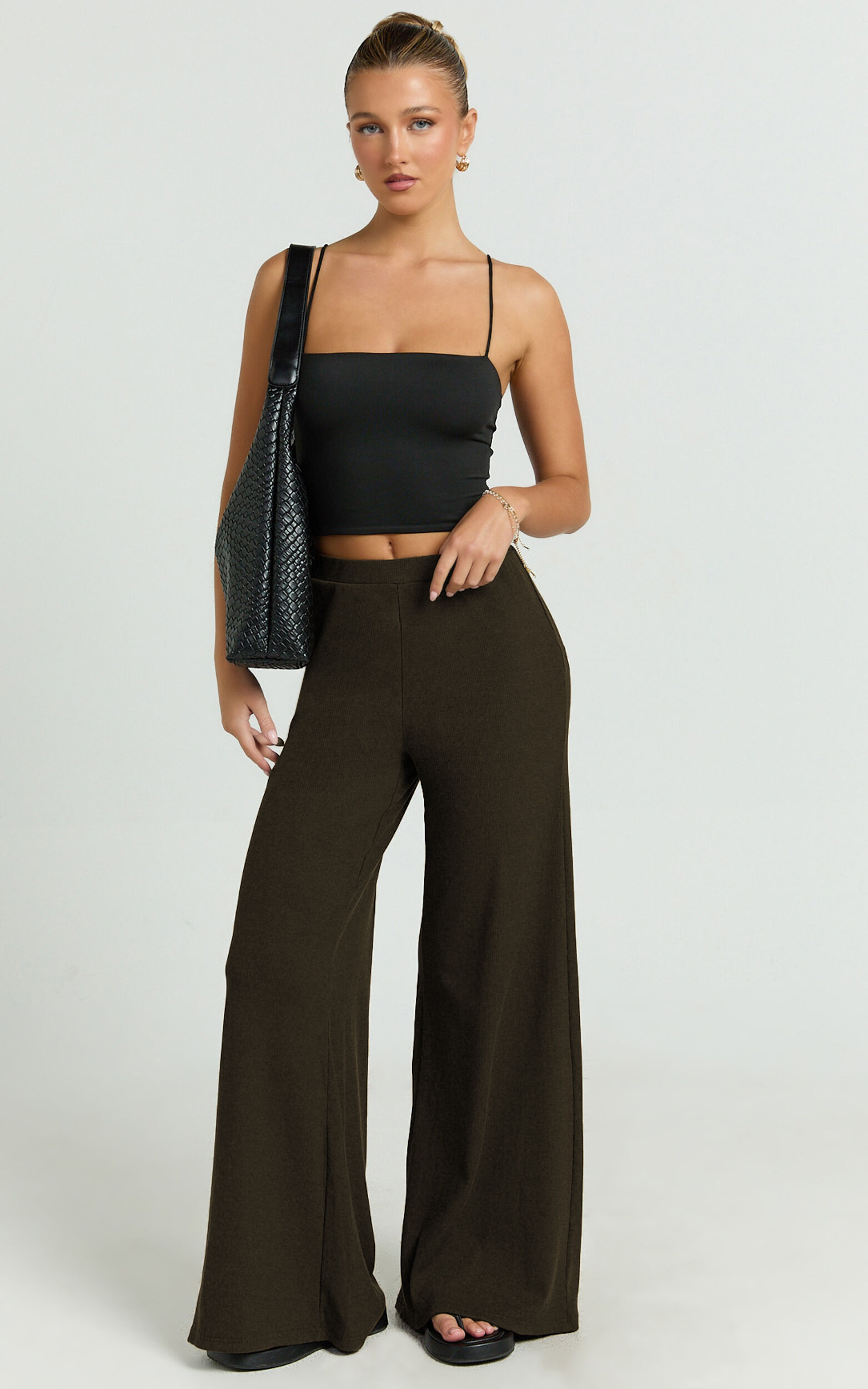 Amalthea Pants - High Waisted Jersey Rib Wide Leg Pants in Chocolate - 06, BRN5