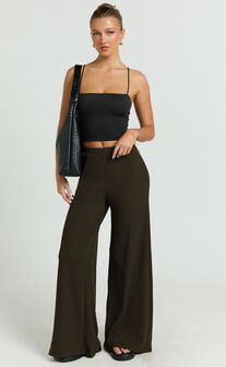 Amalthea Pants - High Waisted Jersey Rib Wide Leg Pants in Chocolate