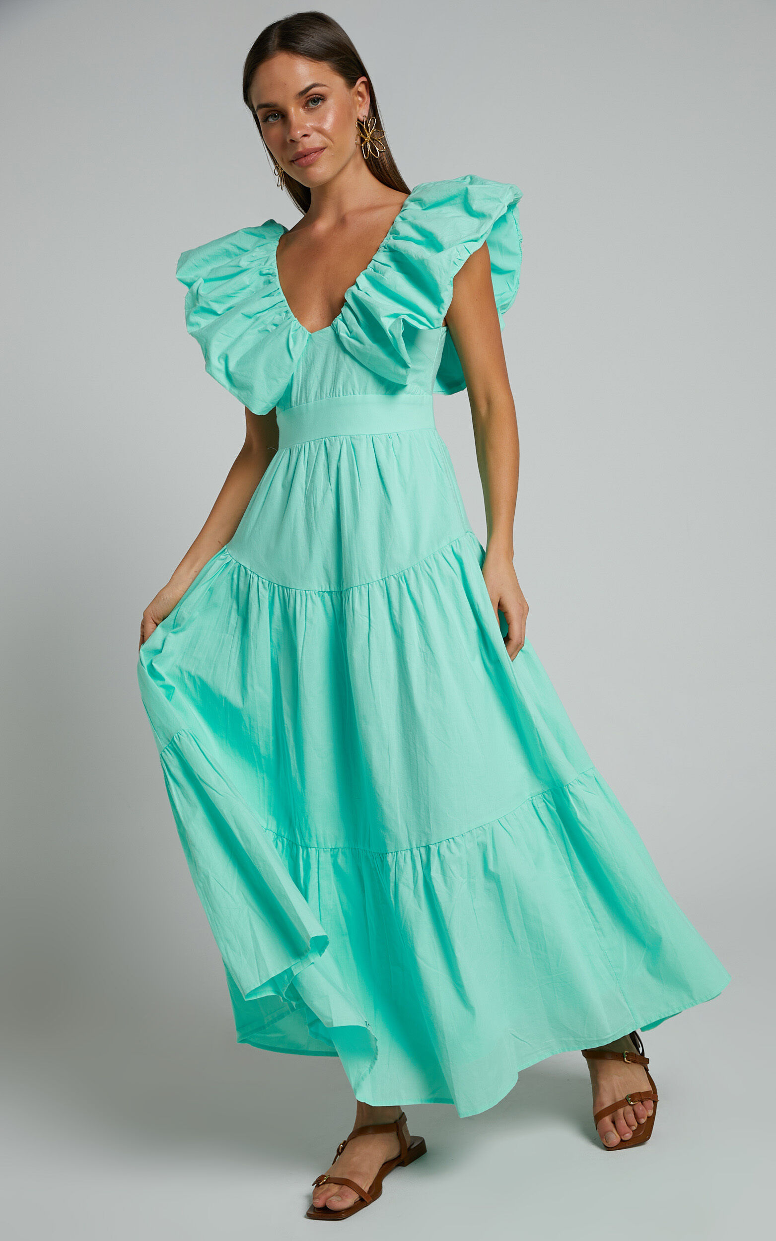 Laurah Midi Dress - Ruffle V Neck Tiered Dress in Mint | Showpo USA