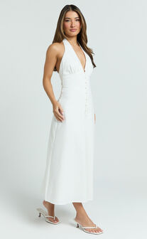 Beata Midi Dress - Plunge Halter A-Line Dress in White