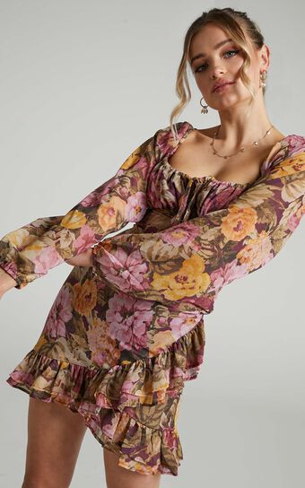 Grizela Mini Dress - Gathered Bust Long Sleeve Dress in Classic Floral