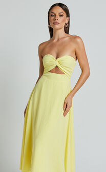 Avie Midi Dress - Twist Strapless Cocktail Dress in Lemon