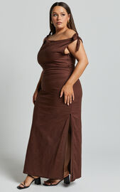 Cincinnati Midi Dress - Off The Shoulder Side Split Column Linen Look ...