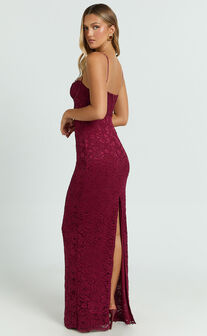 Carli Maxi Dress - Adjustable Strap Corset Bodycon Lace Dress in Wine