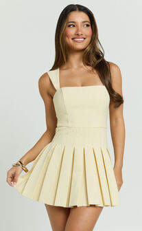 Wallace Mini Dress - Square Neck Wide Strap Drop Waist Pleated Dress in Lemon