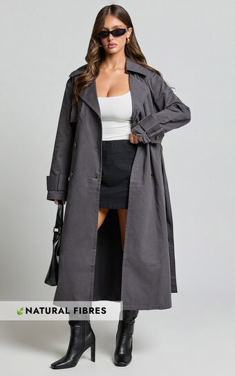 Avah Trench Coat - Double Breasted Tie Waist Coat in Charcoal