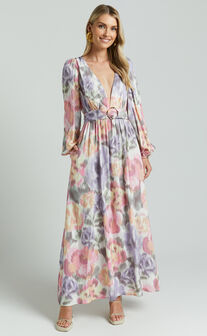 Amalie The Label - Lily Linen Blend V Neck Long Puff Sleeve Tie Back Maxi Dress in Montreuil Print