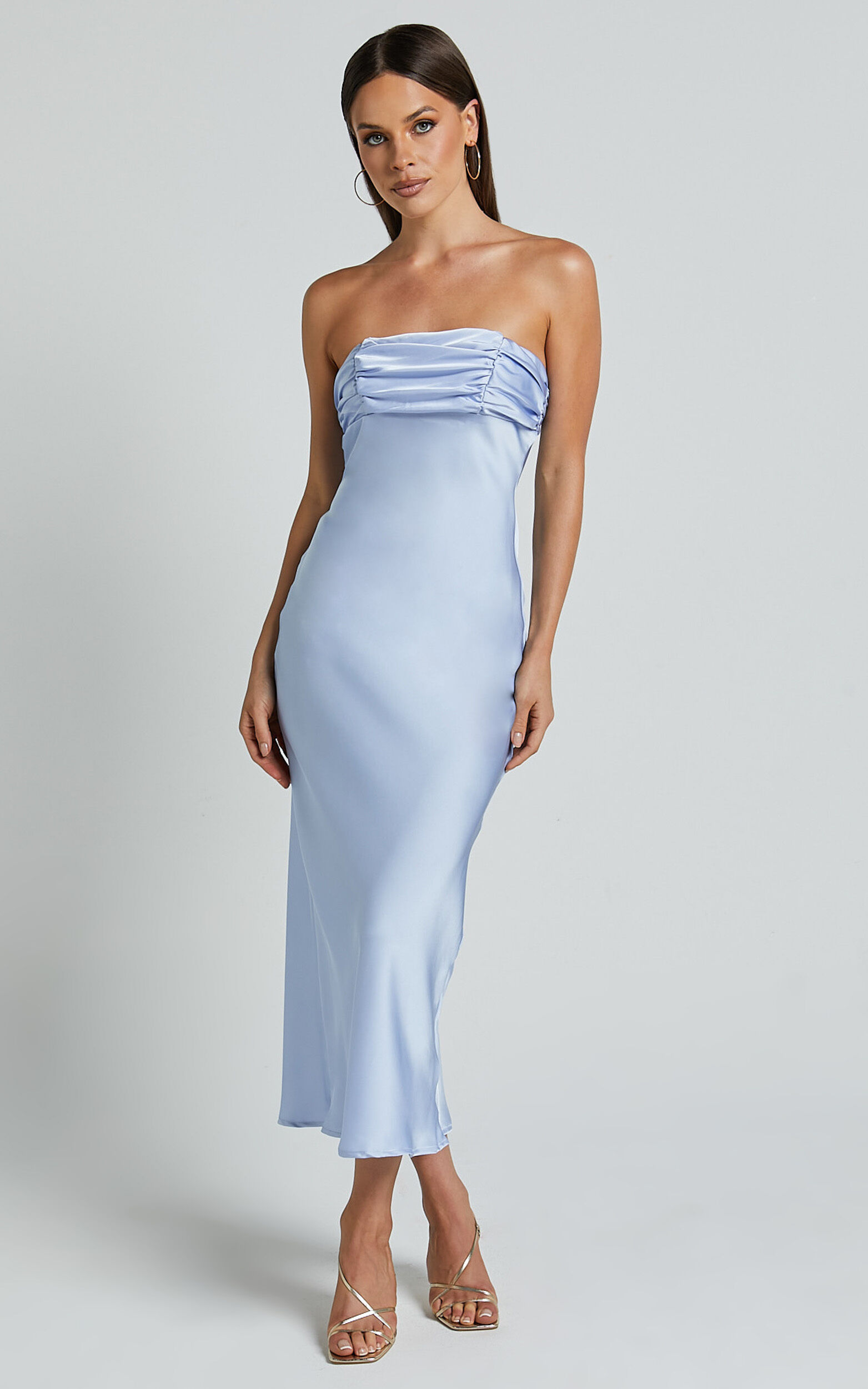 Margot Midi Dress - Gathered Bust Detail Strapless Satin Bias Cut Dress in Light Blue - 06, BLU1