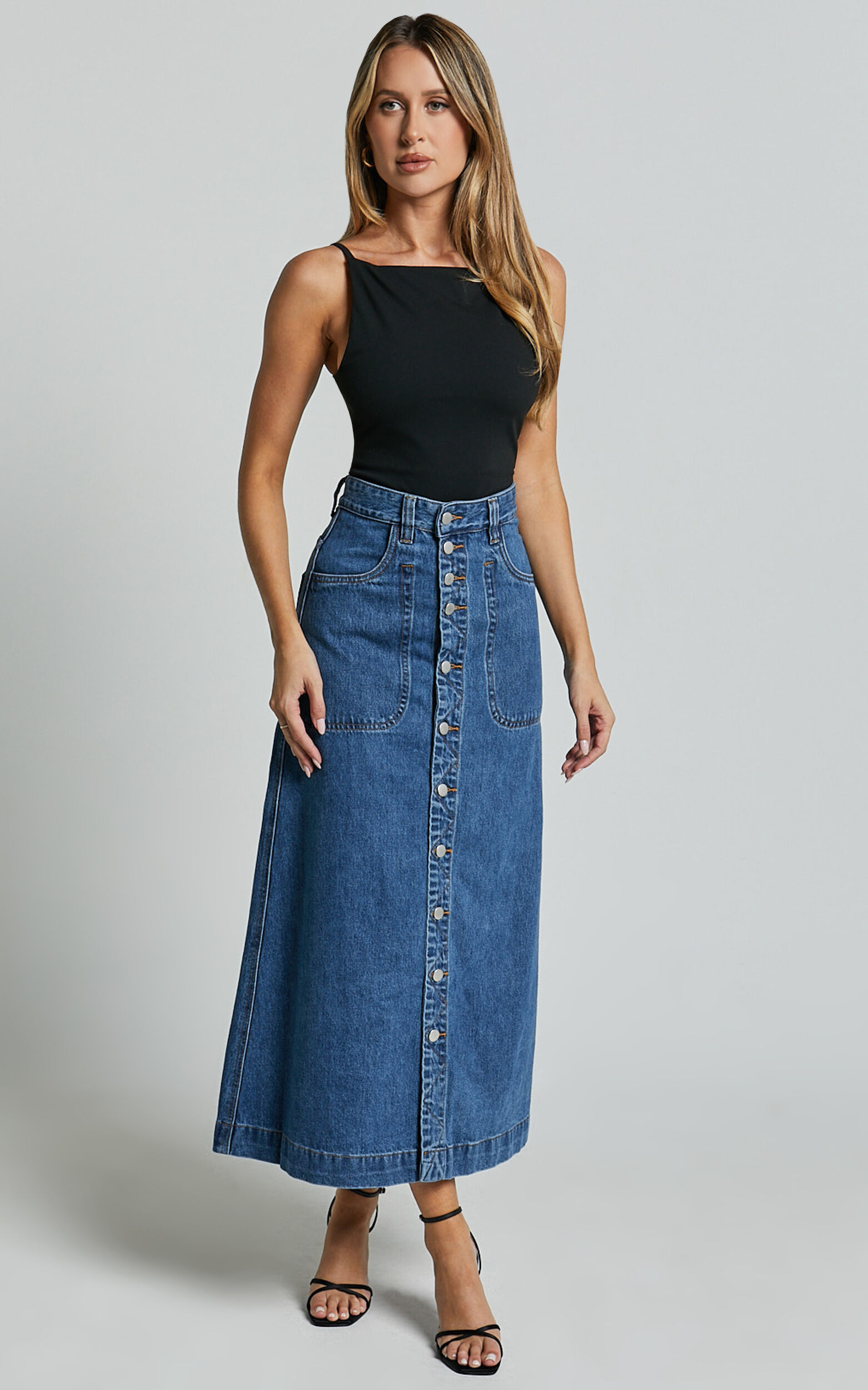 Dark blue denim skirt with buttons hotsell