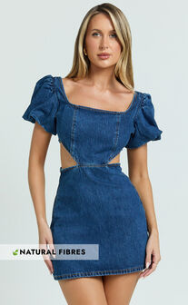Freya Mini Dress - Denim Cut Out Puff Sleeve Mini Dress in Mid Blue Wash