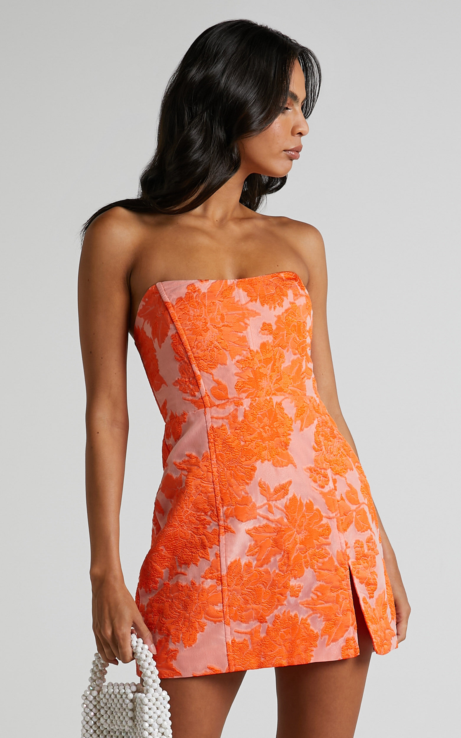 Brailey Mini Dress - Strapless Dress in Orange Jacquard | Showpo USA