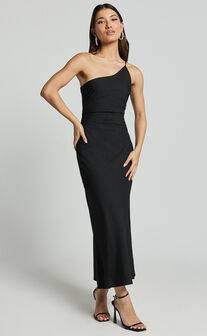 Devon Maxi Dress - One Shoulder Slip Dress in Black