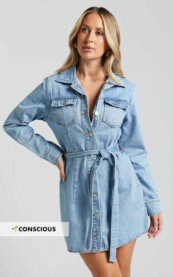 Enriquetta Mini Dress - Cotton Denim Long Sleeve Button Up Dress in Mid Blue Wash