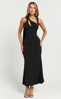 Marlina Midi Dress - Open Back Shoulder Detail Dress in Black