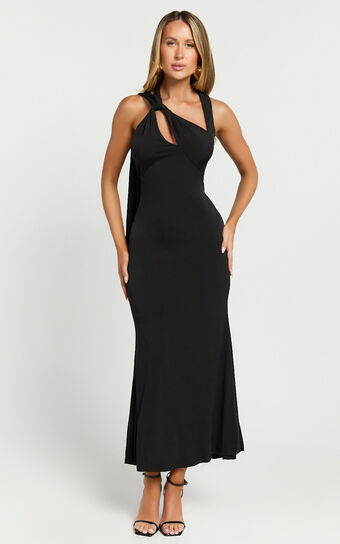 Marlina Midi Dress - Open Back Shoulder Detail Dress in Black