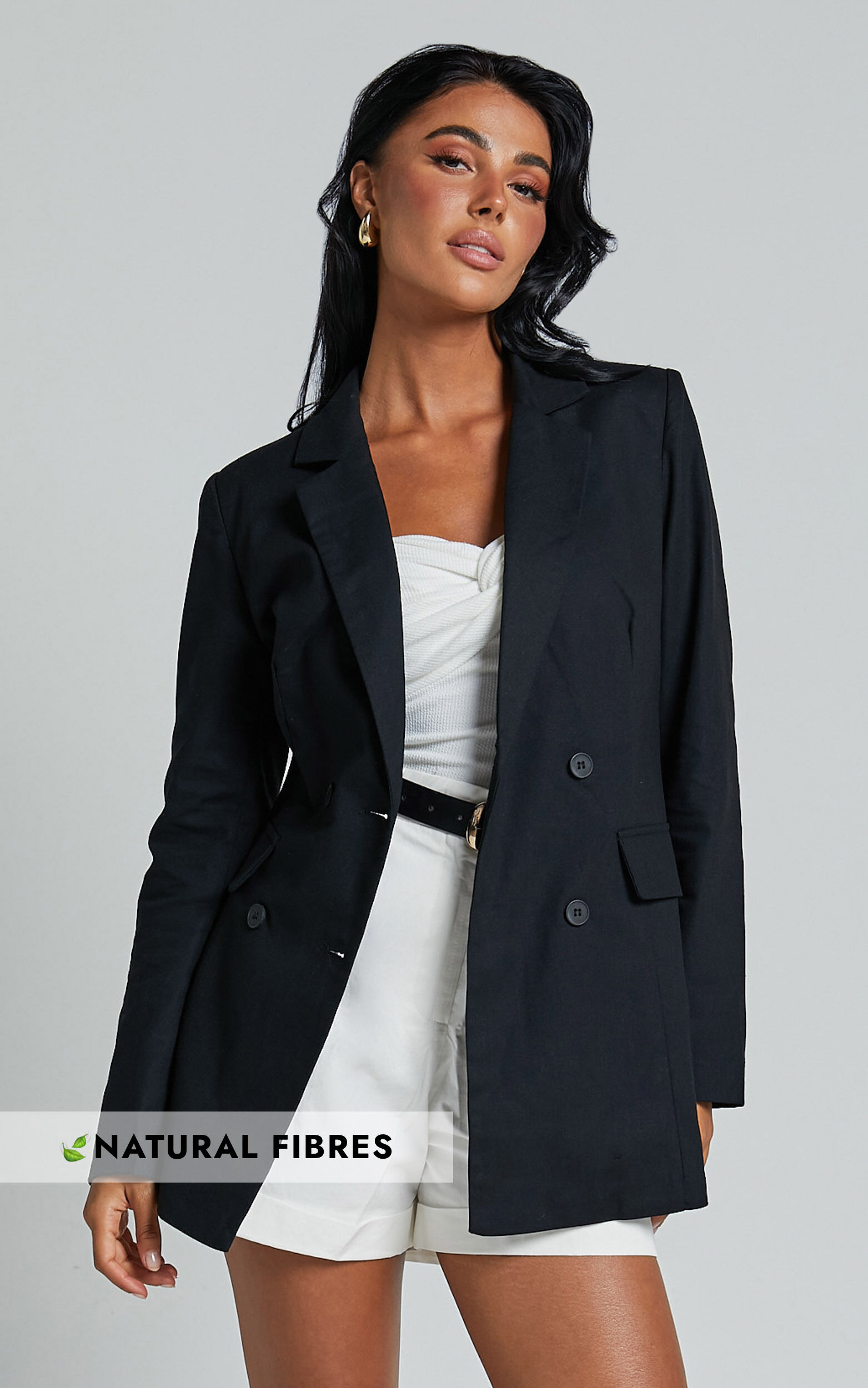 Celinee Blazer - Linen Look Double Breasted Long Sleeve Blazer in Black - 06, BLK1