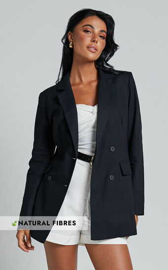 Celinee Blazer - Linen Look Double Breasted Long Sleeve Blazer in Black
