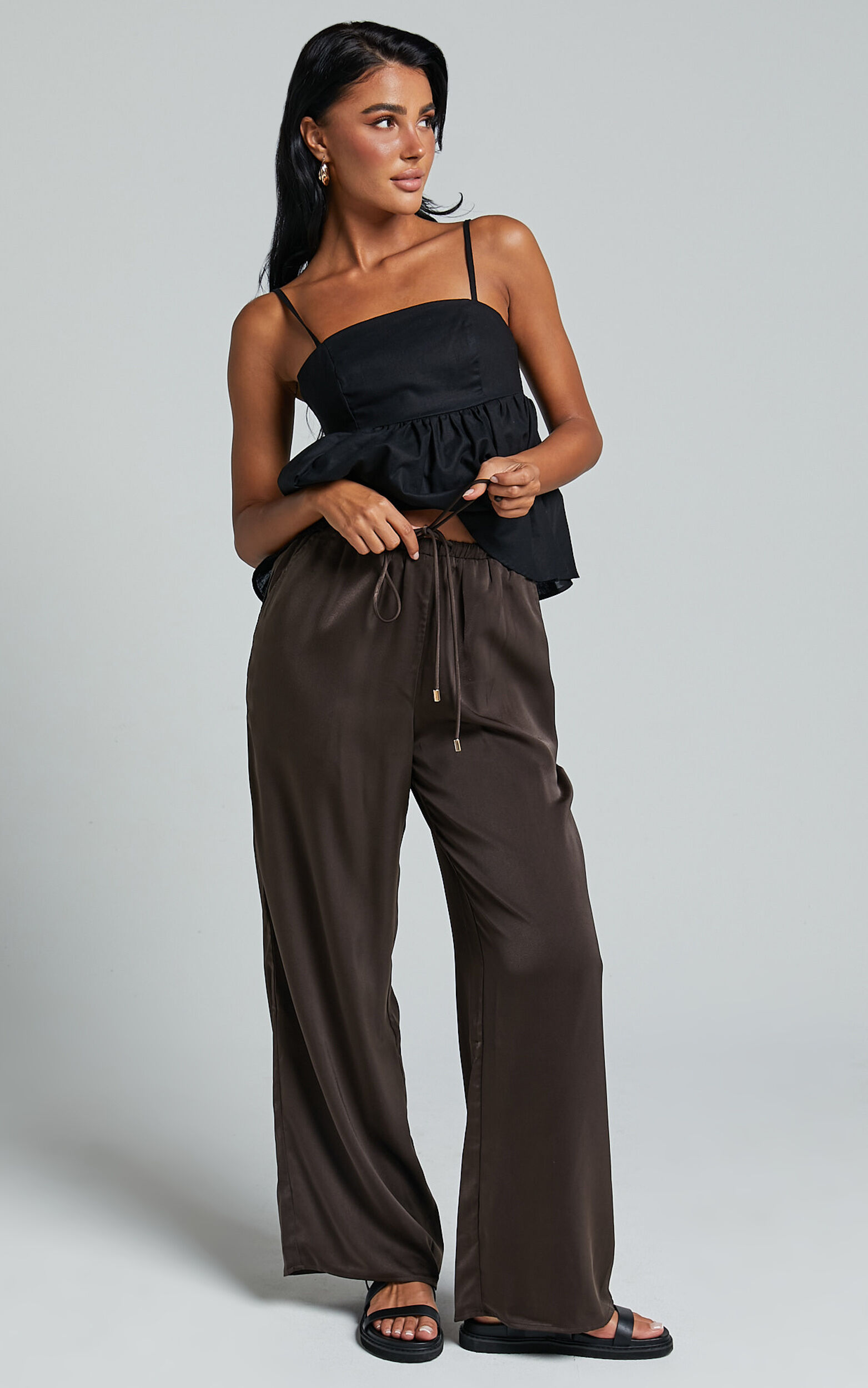 Carlynne Pants - Satin Relaxed Mid Rise Drawstring Pants in Chocolate - 06, BRN1