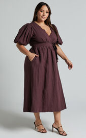 Amalie The Label - Franc Linen Puff Sleeve Wrap Midi Dress in Dark Plum ...