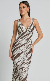 Mauriel Midi Dress - Deep V Gathered Bust Slip Dress in Beige and Chocolate | Showpo USA