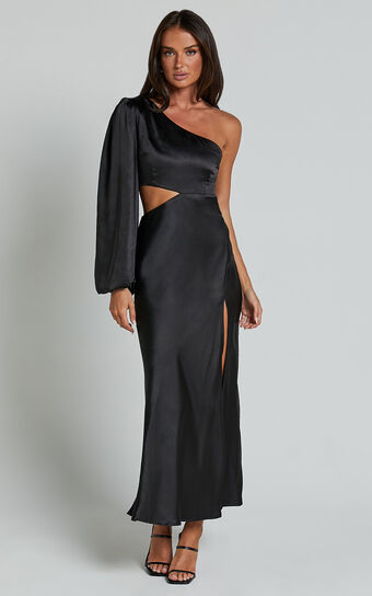 Arichie Midi Dress - Cut Out One Shoulder Balloon Sleeve Dress in Black