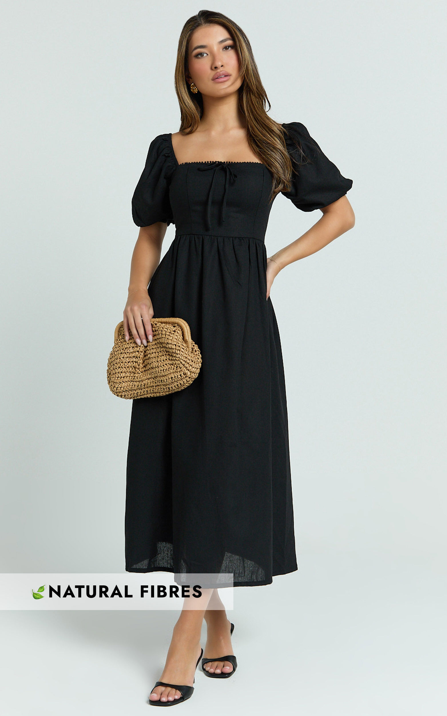Quinn Midi Linen Blend Dress - Puff Sleeve Square Neck Dress in Black - 06, BLK1