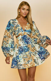 Emily Mini Dress - V Neck Long Sleeve Cut Out Dress in Patchwork Floral ...