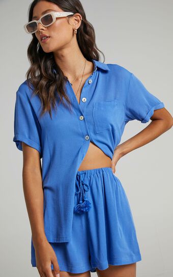 Jubilee Two Piece Set - Button Up Shirt and Shorts Set in Cobalt
