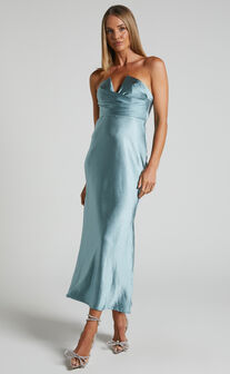 Jaslynn Midi Dress - Strapless V Neck Satin Dress in Ice Blue