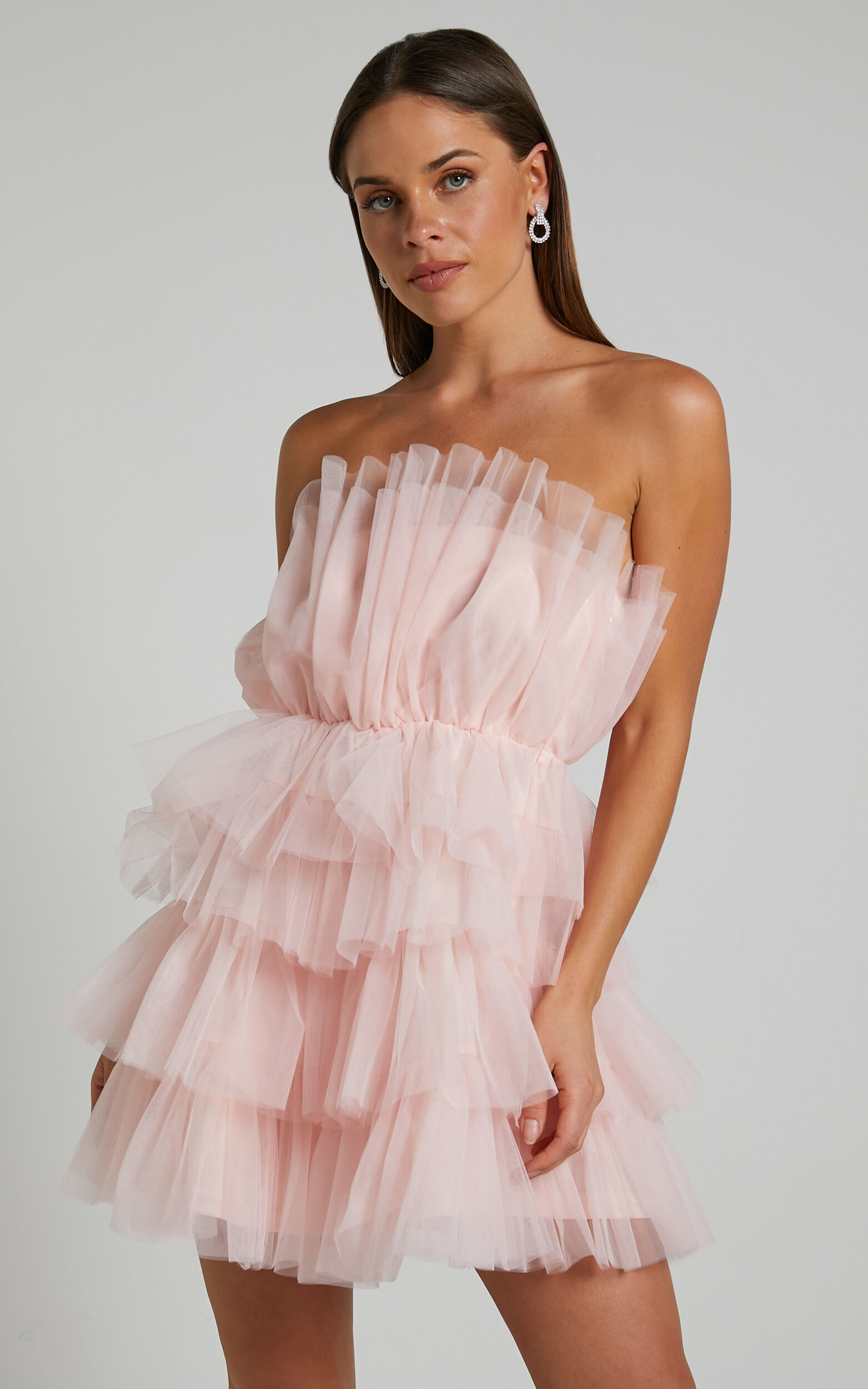 Allora Mini Dress Tiered Tulle Fit and Flare Dress in Pale Pink