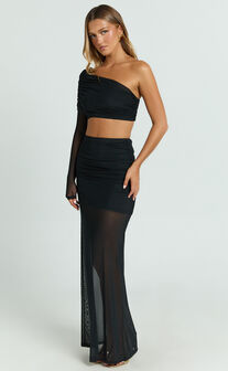Xandy Two Piece Set - One Sleeve Ruched Mesh Top and Maxi Skirt in Black