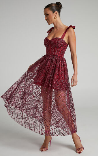 Rimea Midi Dress - Tie Shoulder Bustier Bodice Glitter Tulle Dress in Berry