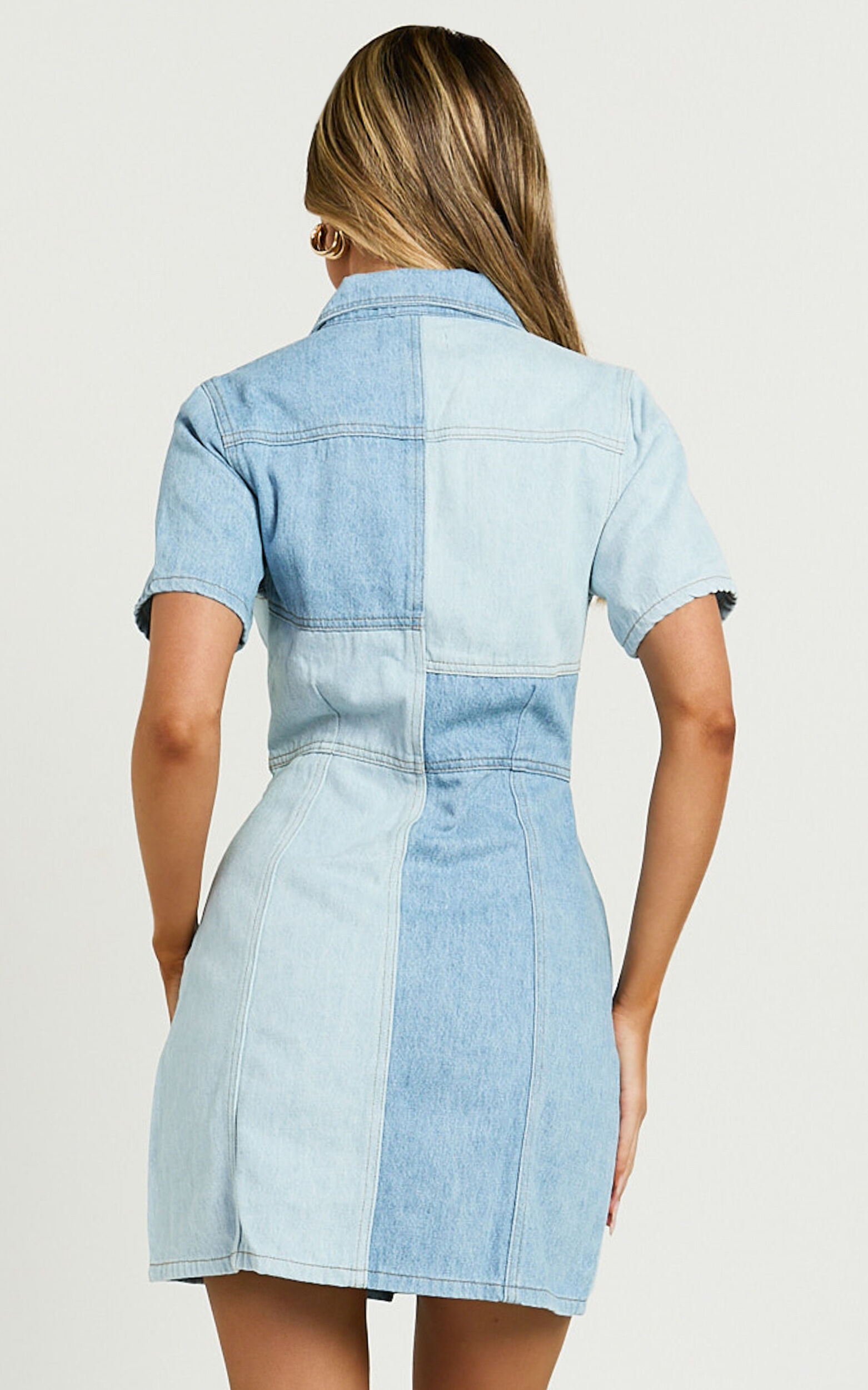 Gladys Mini Dress - Short Sleeve Patchwork Denim Dress in