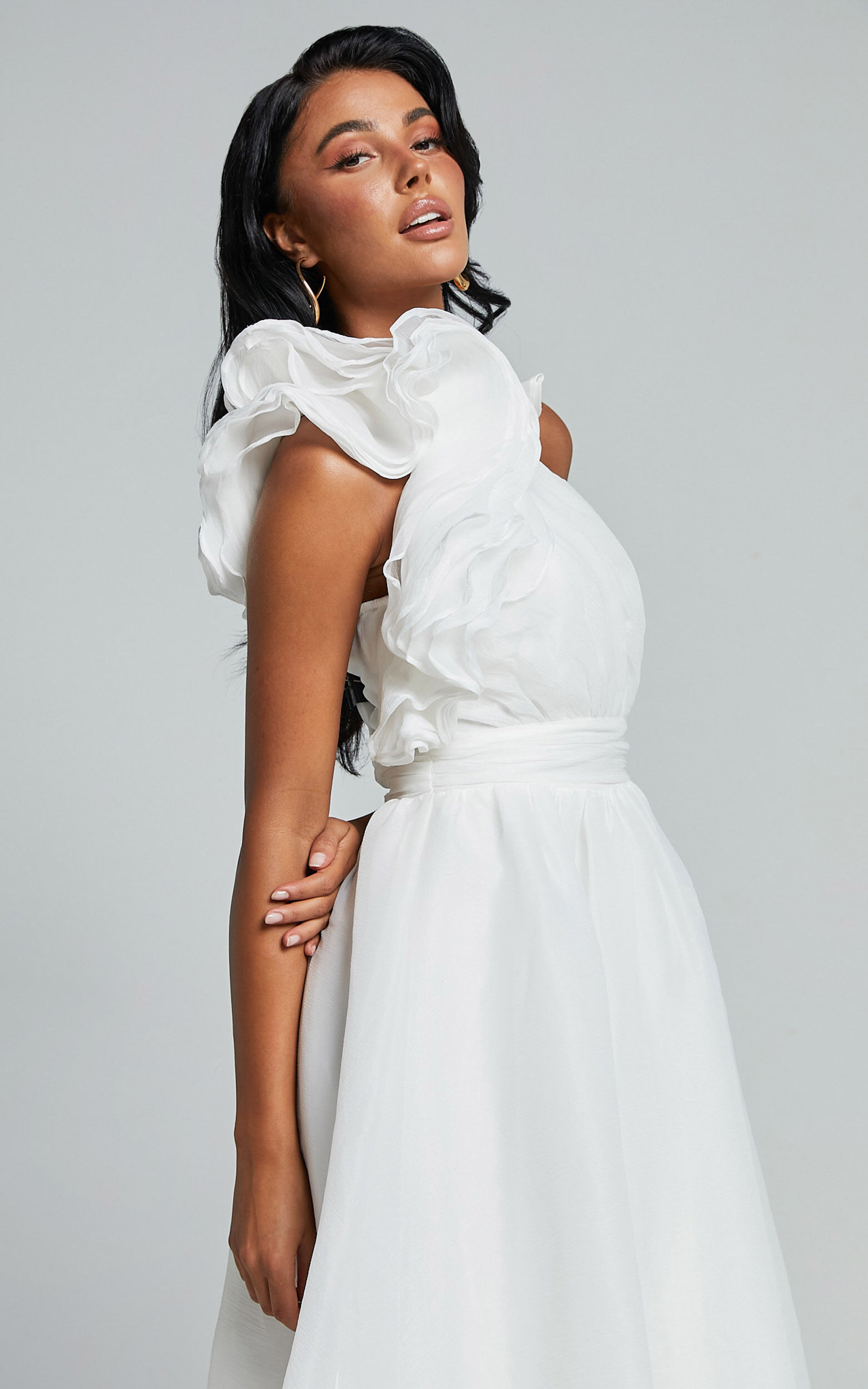 Tia Midi Dress - One Shoulder Frill Detail Fit & Flare Dress Tia Midi Dress - One Shoulder Frill Detail Fit & Flare Dress