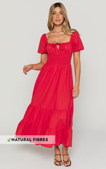 Claritza Midi Dress - Linen Look Short Puff Sleeve Square Neck Tiered Dress in Red